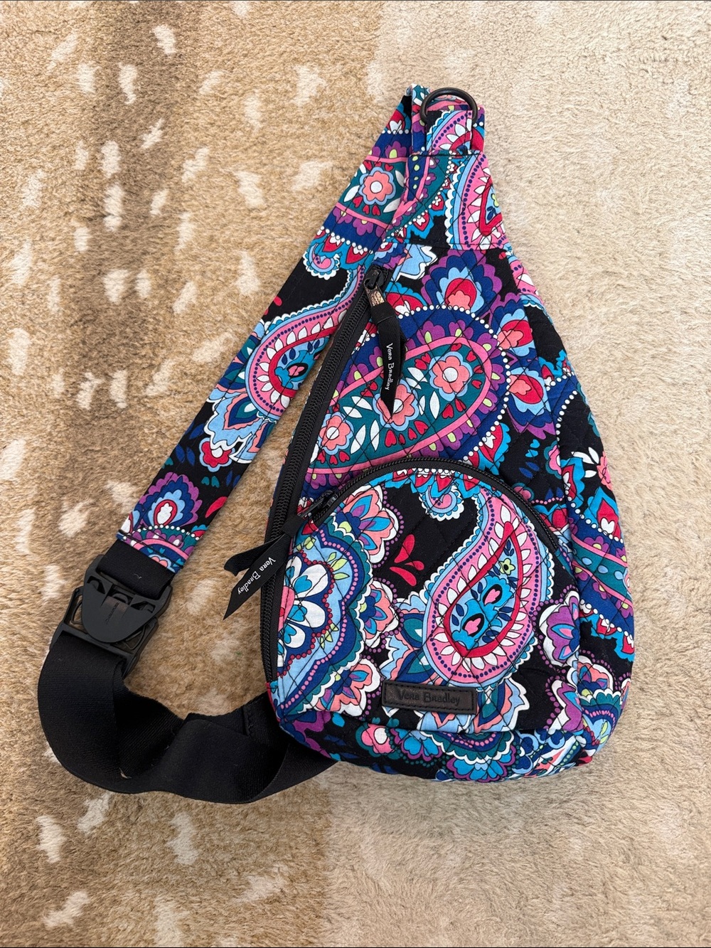 Vera Bradley Black Floral Pink/Blue/Purple Petal Paisley Quilted Sling Bag Purse